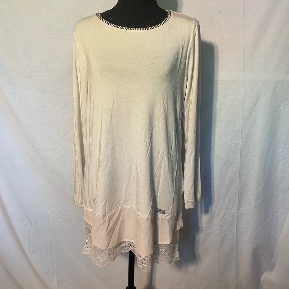 VDP Collection Maglia Rhinestone Embellished LongSleeve TunicDress Cream‎ Size 6